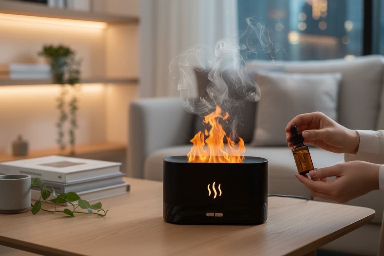 Dyfuzor zapachowy z efektem płomienia i nawilżaczem powietrza LED